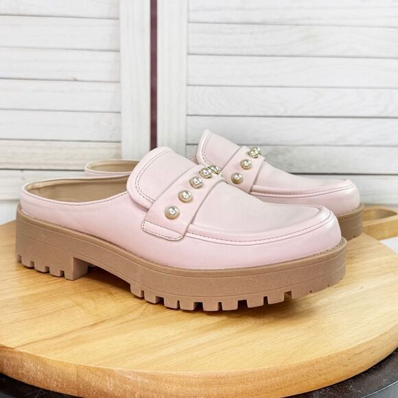 crown & ivy Shoes - Crown & Ivy Loralei Pearl Embellished Lug Sole Mule Loafers Blush Pink 7